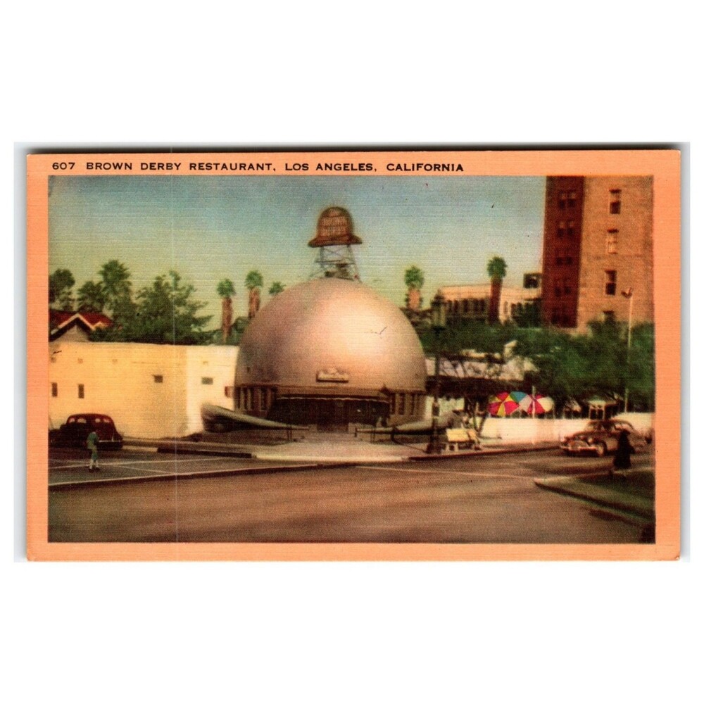 Vintage Brown Derby Restaurant Los Angeles CA Linen Postcard 1940s-50s